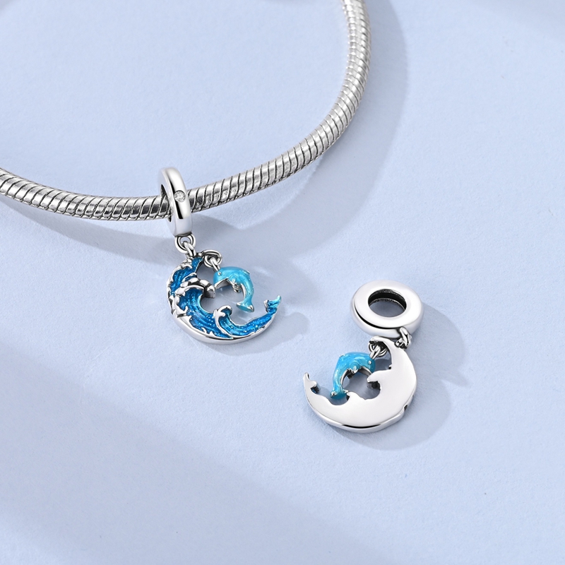 925 Sterling Silver Moon, Ocean Wave, and Dolphin Pendant